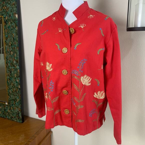 Coldwater Creek Size PM Petite Embroidered Floral Details Jacket Red Pockets - Picture 3 of 13